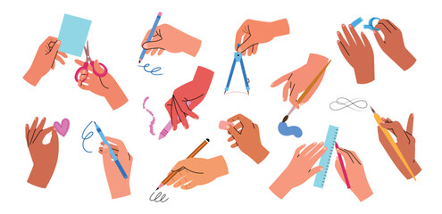 Cartoon hands write, draw and carve. Human arms draw on ruler, make circles with compass, office supplies, scribbles and traces, vector set.eps