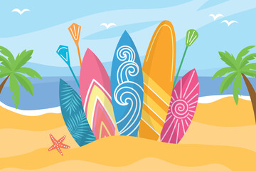 Fototapeta na wymiar Color surfboards standing on beach. Extreme water sport, hobbies objects, patterned boards on summer sand, ocean activities, vector concept.eps