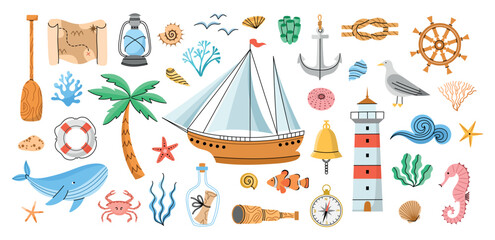 Cute sea and ocean elements. Underwater and coastal objects, marine animals and seaweeds, sailing vessel, ship and lighthouse, vector set.eps © Vectorcreator