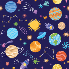 Cute planets pattern. Cartoon space elements, repeated cosmic objects, constellations, rockets, comets, stars, vector seamless background.eps