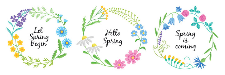 Decorative wreaths of wild plants. Floral round frames, blooming spring herbs, natural summer botanical elements, meadow flowers, vector set.eps