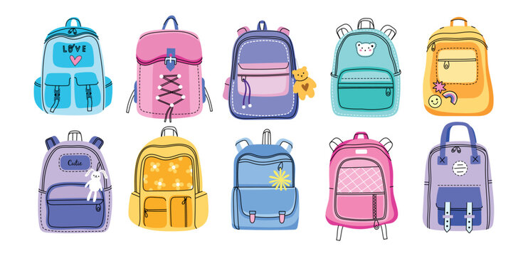 Cartoon Kids Backpacks. Colorful School Bags For Textbooks And Stationery, College Students Accessories, Funny Childish Elements, Vector Set.eps