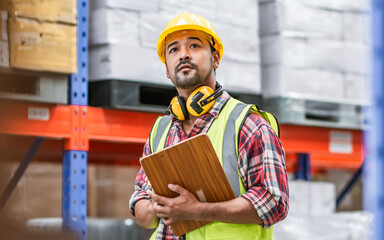 Asian handsome professional male worker holding board, checking shipping stocks in storage, warehouse or factory for delivery, wearing safety hat. Commercial Industry Business Concept.