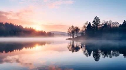 Foto auf Acrylglas A peaceful sunrise over a calm lake symbolizing new beginnings in mental health. © Hans
