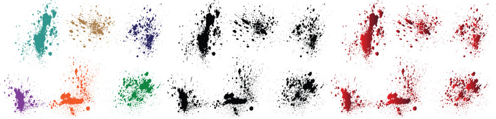 Collection of orange, purple, red, wheat, black, green color splatter stain grunge texture background