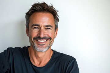 Heartwarming portrait of an American man with a gentle smile, white background