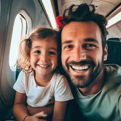 Happy father with his daughter on the plane.