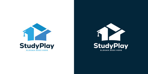 Creative Study Play Logo. Graduation Hat and Play Button with Modern Style. Multimedia Academy Logo Icon Symbol Vector Design Template.