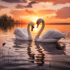 Two swans on the lake at sunset.