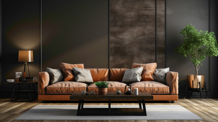 Explore a contemporary interior with a focus on a plush dark brown sofa against a sleek, solid mockup wall. 
