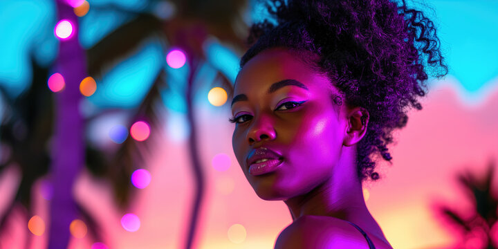 Girl at an outdoor party on vacation on an exotic beach, in neon lights, with palm trees in the background