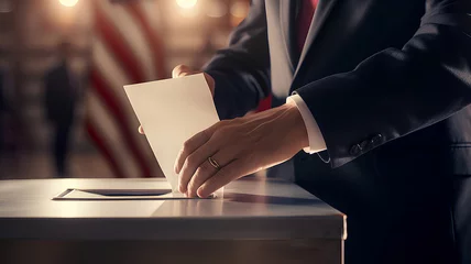 Deurstickers A hand placing a ballot into a sealed ballot box, US presidential election. © Tanuha
