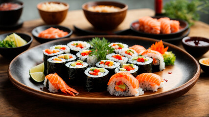 Japanese cuisine, a beautiful dish of sushi and rolls of seaweed, sea fish, shrimp, generated by AI