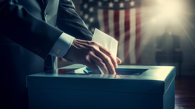A hand placing a ballot into a sealed ballot box, US presidential election.