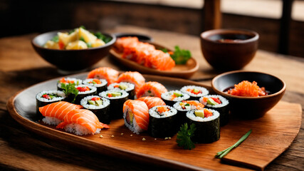 Japanese cuisine, beautiful dish with sushi and sea fish soy sauce, generated by AI
