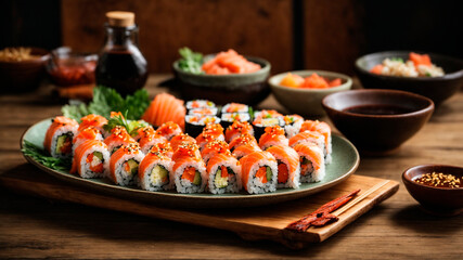 Japanese cuisine, beautiful sea fish sushi dish, AI generated