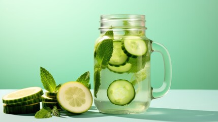 cucumber-infused water in a mason jar, highlighting the healthy and fresh trend for summer. Perfect for promoting wellness and the cool, natural flavor of infused hydration.