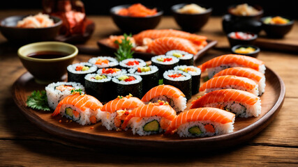 Japanese cuisine, beautiful sushi dish made from sea fish and seaweed in a restaurant, generated by AI