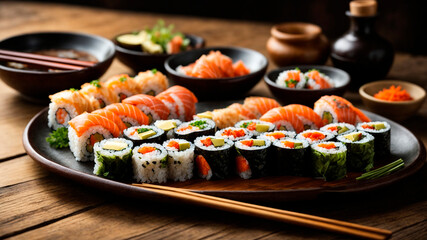 Japanese cuisine, beautiful sushi dish made from sea fish, seaweed, seasonings generated by AI