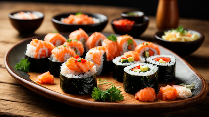 Japanese cuisine, beautiful wooden platter with sea fish and seaweed sushi, AI generated