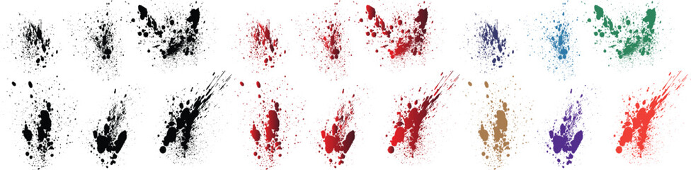 Collection of grunge orange, purple, red, wheat, black, green color blood splash ink grunge brush