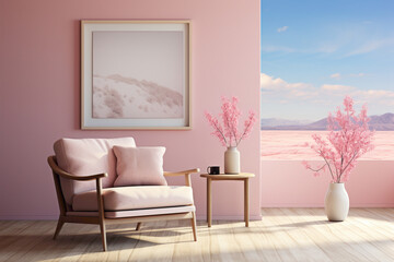 Imagine a scene featuring a beautiful and cute chair in soft colors, accompanied by a wooden table against an empty blank frame. 