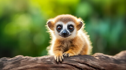 Obraz premium Funny and Cute Baby Lemur on a blurred green bokeh background. Close up of a little lemur on tree branch. Wildlife Photography. Concept of Animals, Wildlife Conservation