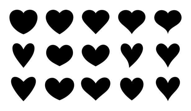 Set of hearts in black color, Black heart icons set vector, Set of 15 hearts of different shapes for web. Heart collection. Vector Art