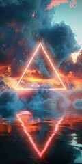Rainbow Colored Glowing Neon Triangle in the Clouds with a Lake - Dreamy Scene 3D Render Cover Background created with Generative AI Technology