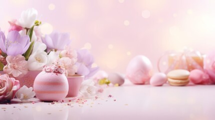 Fototapeta na wymiar Easter delight: pastel decor, eggs, flowers, cakes, and bokeh lighting on pink background - top view border