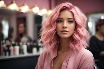 Beautiful hairstyle of a young gorgeous woman with pink hair in a hair salon, after getting a new haircut, and hair dyes.