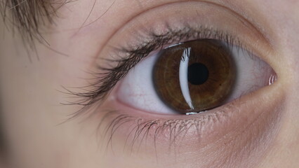 Child's eye captured in macro close-up gazing at camera. Iris retina tight closeup