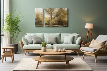 Immerse yourself in the beauty of a modern living room adorned with an elegant Ellipse coffee table positioned near a light green sofa and wicker chairs against a calming green wall. 