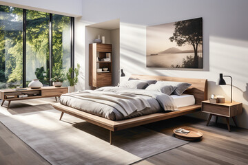 Immerse yourself in the beauty of a modern bedroom designed with Scandinavian aesthetics,...