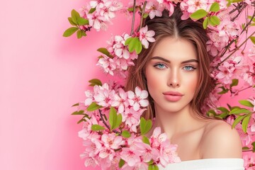 Obraz na płótnie Canvas beautiful young woman - spring sale banner with copyspace