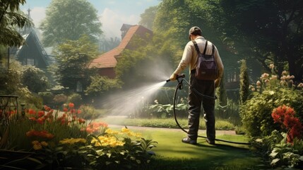 gardener watering the green lawn. ai generated