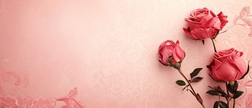  three pink roses on a pink background with a pink ribbon around the edges of the image and a pink ribbon around the edges of the roses.