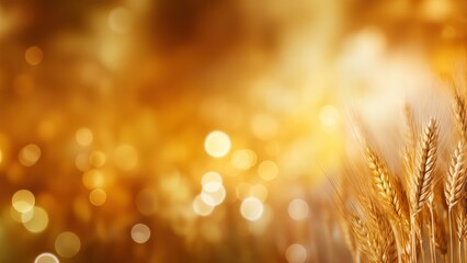Golden Wheat Field with Glistening Bokeh Lights in the Background, Horizontal Poster or Sign with Open Empty Copy Space for Text 
