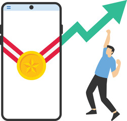 Winner concept with prize illustration. Characters celebrate first place wins with gold trophies, medals and other winning trophies. Business goals, achievement and success concept. Vector illustratio