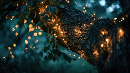 Enchanting fairy lights twinkle on a tree branch at dusk.