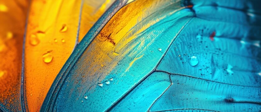  a close up of a blue and yellow butterfly wing with drops of water on it's wingtips.