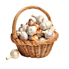 Obraz na płótnie Canvas basket containing garlic bulbs. vegetables, spices, cooking ingredients isolated on transparent background