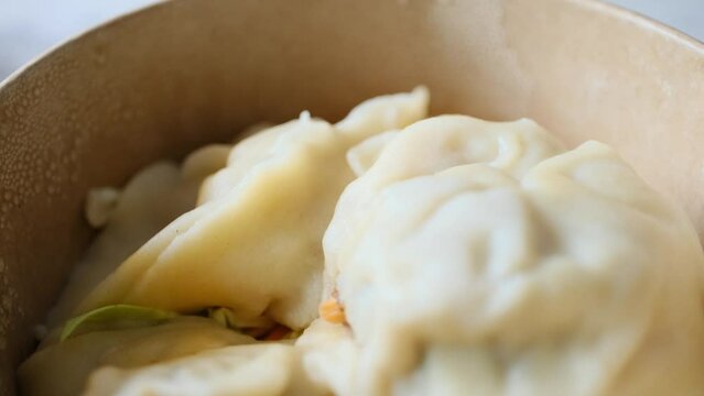dumplings and soy sauce in close-up