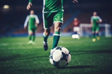 Fototapeta premium Dynamic soccer match in progress, focused on the players' feet and the ball