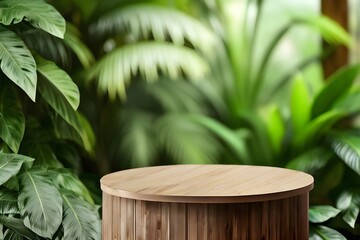 Wooden round podium for advertising presentation of cosmetic or beauty products against a green tropical plants background