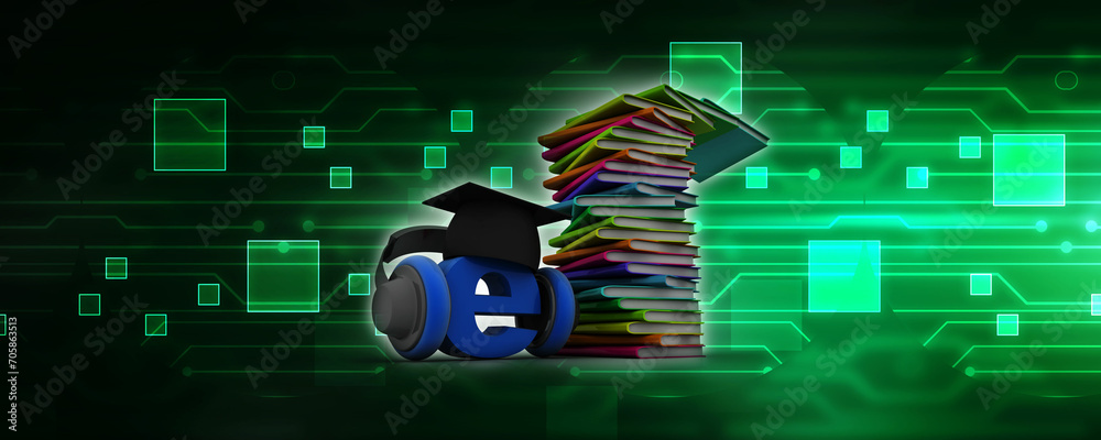 Poster 3d illustration education concept concept .graduate cap in e mail sign connected headphone and books