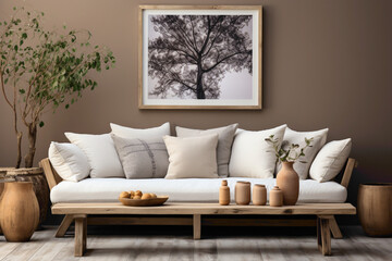 Fototapeta na wymiar Immerse yourself in the charm of a Scandinavian-inspired farmhouse living room, showcasing a rustic sofa with white cushions next to an accent end table against a warm beige wall. 