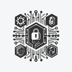 Cyber Security Vector line icon black  or white  logo, Protection Sign, Shield Protect logo designs