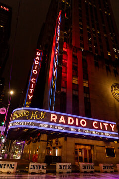 New York, NY, USA - December 11, 2023: Radio City Music Hall is located in the Manhattan neighborhood of New York City and located near Rockefeller Center.