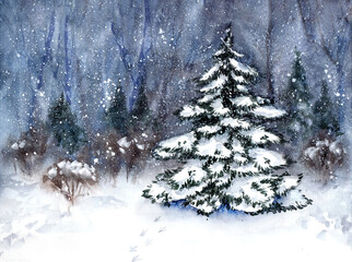 Winter forest with a Christmas tree in the snow using sketching technique
